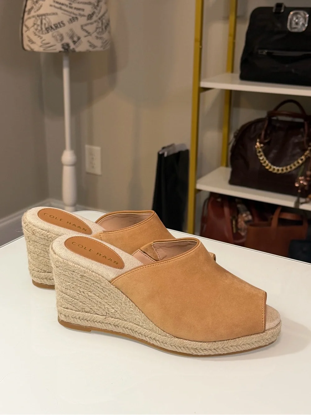Cole Haan Cloudfeel Southcrest Espadrille Wedge Mule in tan suede sz7